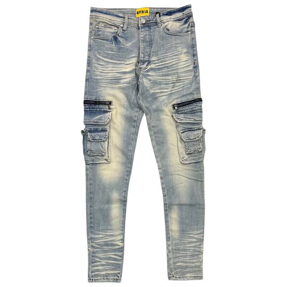 GFTD LA Los Angeles Men's Skinny Fit Jeans Magic Cargo Stretch Stonewash Denim - Picture 1 of 6